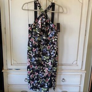Aidan Mattox Black multi color floral halter cutout dress 8 NWT